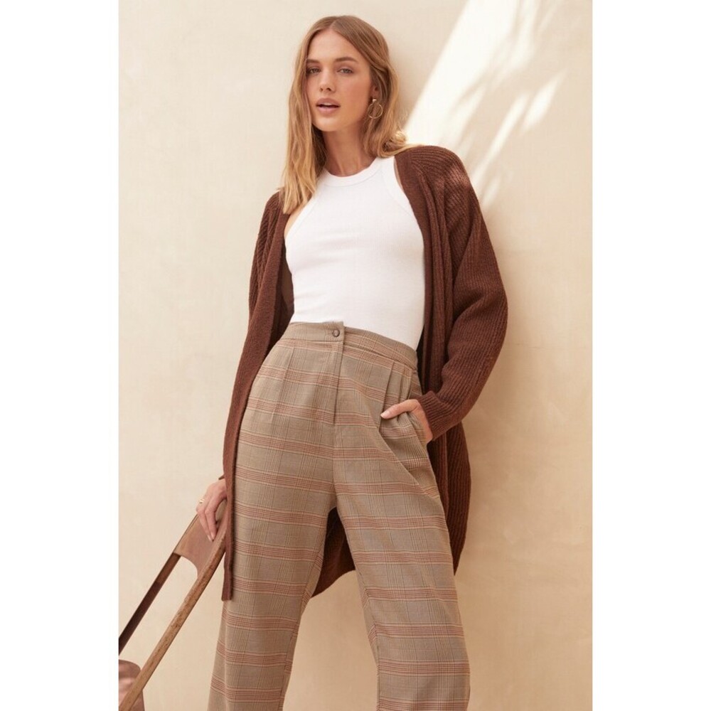 Lulus Cause For Promotion Taupe And Red Plaid High Waisted Pants Grey - Size L